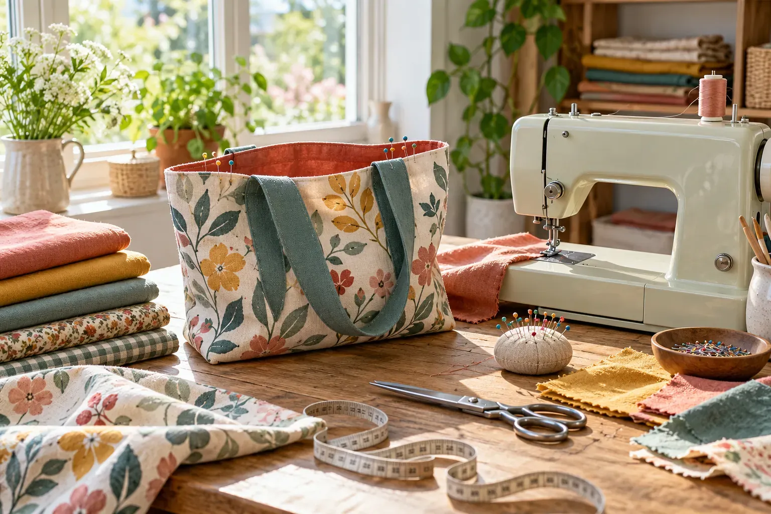 Table de couture avec une machine à coudre, des tissus colorés et un tote bag en cours de confection