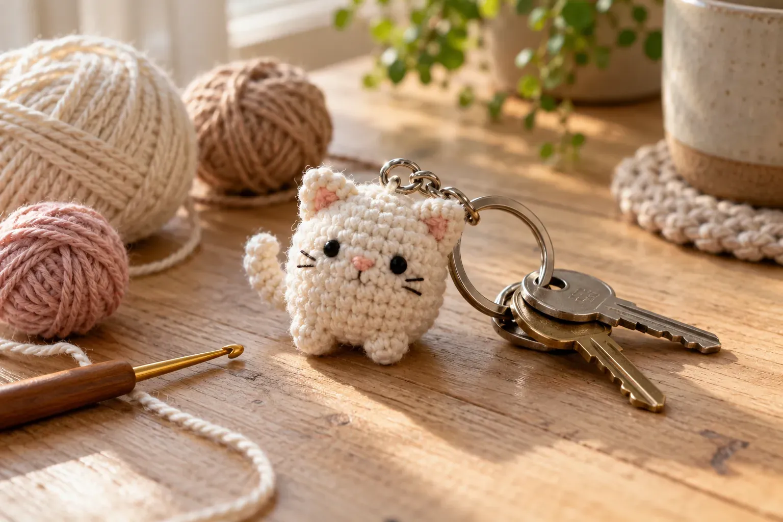 Porte-clé chat au crochet sur un trousseau de clés, entouré de pelotes de coton